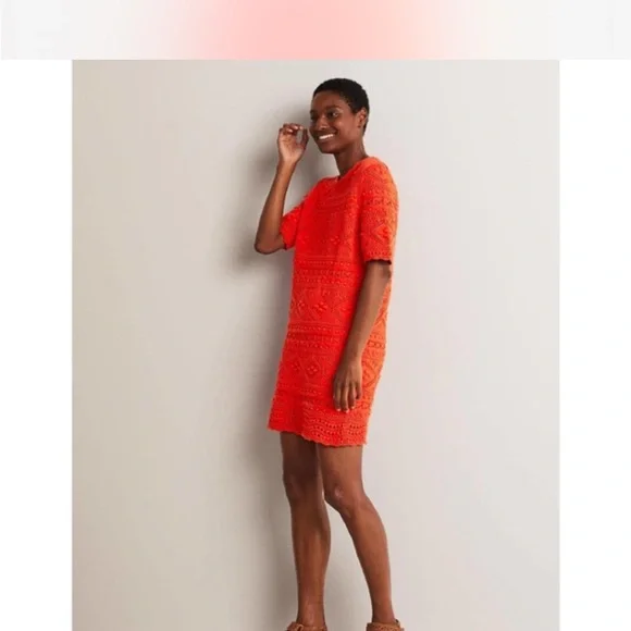 NWT Boden Claudia Orange Red Knitted Crochet Short Sleeve Mini Dress 2R - Picture 2 of 7